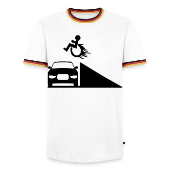 Rollstuhlfahrer springt über eine Rampe # - Männer Kontrast-T-Shirt - Weiß/Dreifarbig - Vorne - AI Model Female 172 light (172cm) & AI Model Male 185 light (185cm)
