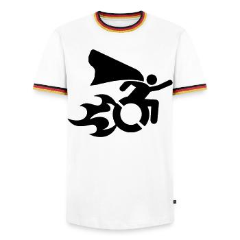 in a wheelchair with flames # - Men's Ringer Shirt - white/tricolour - Front - AI Model Female 172 light (172cm) & AI Model Male 185 light (185cm)