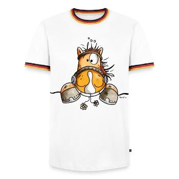 Neugieriges Pferd - Männer Kontrast-T-Shirt - Weiß/Dreifarbig - Vorne - AI Model Female 172 light (172cm) & AI Model Male 185 light (185cm)