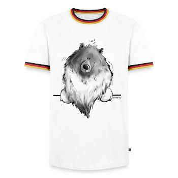 Funny Wolfsspitz I Comic Dog Gift - Men's Ringer Shirt - white/tricolour - Front - AI Model Female 172 light (172cm) & AI Model Male 185 light (185cm)