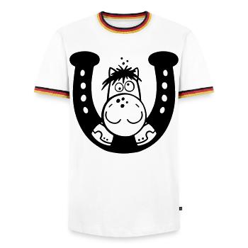 Pferd auf Hufeisen - Männer Kontrast-T-Shirt - Weiß/Dreifarbig - Vorne - AI Model Female 172 light (172cm) & AI Model Male 185 light (185cm)