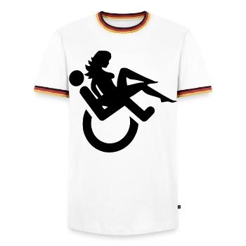 Wheelchair user with lady on lap # - Men's Ringer Shirt - white/tricolour - Front - AI Model Female 172 light (172cm) & AI Model Male 185 light (185cm)