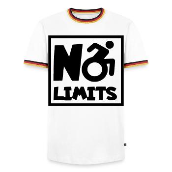 Aucune limite pour cet utilisateur de fauteuil roulant, rôle # - T-shirt contrasté Homme - blanc/tricolore - Devant - AI Model Female 172 light (172cm) & AI Model Male 185 light (185cm)
