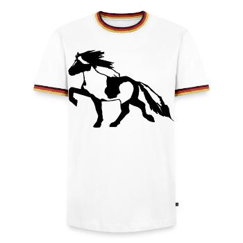 Cheval islandais tick 7, Pinto équitation islandaise - T-shirt contrasté Homme - blanc/tricolore - Devant - AI Model Female 172 light (172cm) & AI Model Male 185 light (185cm)