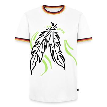 Zusammen gebunden – Spirituelle Federn - Männer Kontrast-T-Shirt - Weiß/Dreifarbig - Vorne - AI Model Female 172 light (172cm) & AI Model Male 185 light (185cm)