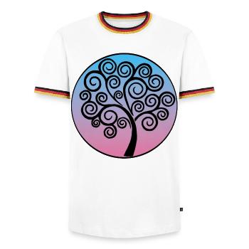 Black tree of life on blue and pink background - Men's Ringer Shirt - white/tricolour - Front - AI Model Female 172 light (172cm) & AI Model Male 185 light (185cm)