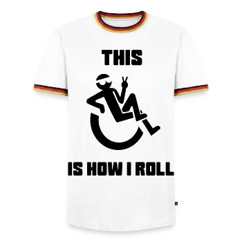 Das ist, als würde ich mich in meinem Rollstuhl wälzen* - Männer Kontrast-T-Shirt - Weiß/Dreifarbig - Vorne - AI Model Female 172 light (172cm) & AI Model Male 185 light (185cm)