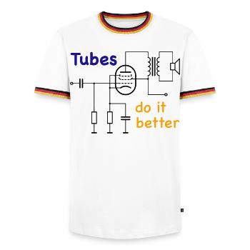 Vacuum Tubes do it better - Men's Ringer Shirt - white/tricolour - Front - AI Model Female 172 light (172cm) & AI Model Male 185 light (185cm)