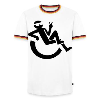 Entspannt fröhlich Rollstuhlfahrer Symbol * - Männer Kontrast-T-Shirt - Weiß/Dreifarbig - Vorne - AI Model Female 172 light (172cm) & AI Model Male 185 light (185cm)