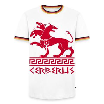 Red cerberus dog - Men's Ringer Shirt - white/tricolour - Front - AI Model Female 172 light (172cm) & AI Model Male 185 light (185cm)
