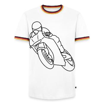 Wheelie beim Motorradrennen - dunkel - Männer Kontrast-T-Shirt - Weiß/Dreifarbig - Vorne - AI Model Female 172 light (172cm) & AI Model Male 185 light (185cm)