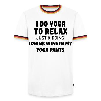 Yoga to relax and drink wine # - Men's Ringer Shirt - white/tricolour - Front - AI Model Female 172 light (172cm) & AI Model Male 185 light (185cm)