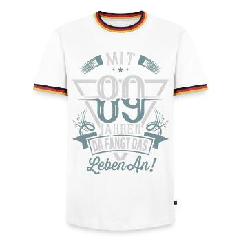 89. Geburtstag Da Fängt Das Leben An - Männer Kontrast-T-Shirt - Weiß/Dreifarbig - Vorne - AI Model Female 172 light (172cm) & AI Model Male 185 light (185cm)
