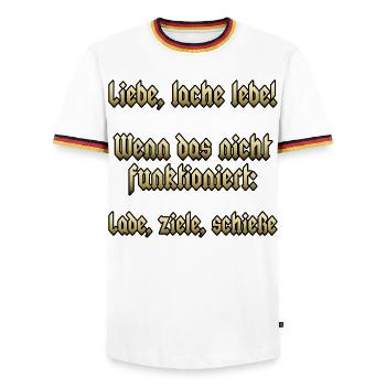 Liebe, lache, lebe! Wenn das nicht funktioniert: - Männer Kontrast-T-Shirt - Weiß/Dreifarbig - Vorne - AI Model Female 172 light (172cm) & AI Model Male 185 light (185cm)
