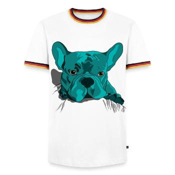 Style cartoon adorable de bouledogue français - T-shirt contrasté Homme - blanc/tricolore - Devant - AI Model Female 172 light (172cm) & AI Model Male 185 light (185cm)