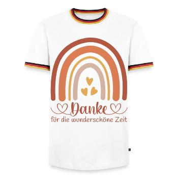 Danke für die wunderschöne Zeit - Kita Abschied - Männer Kontrast-T-Shirt - Weiß/Dreifarbig - Vorne - AI Model Female 172 light (172cm) & AI Model Male 185 light (185cm)
