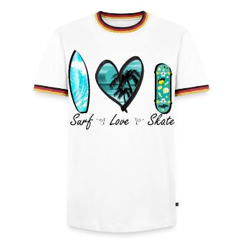 surf love skate wave heart - Men's Ringer Shirt - white/tricolour - Front - AI Model Female 172 light (172cm) & AI Model Male 185 light (185cm)