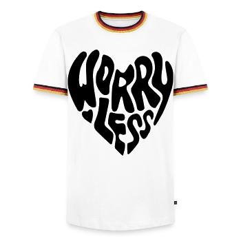 Worry less. Less worrying in heart shape * - Men's Ringer Shirt - white/tricolour - Front - AI Model Female 172 light (172cm) & AI Model Male 185 light (185cm)