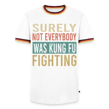 Kung Fu Fighting Quote Typography - Men's Ringer Shirt - white/tricolour - Front - AI Model Female 172 light (172cm) & AI Model Male 185 light (185cm)