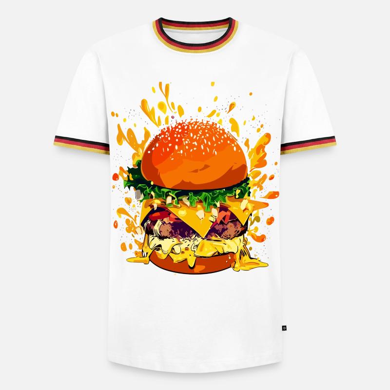 Extravaganter Cheeseburger mit Käse Splatter - Männer Kontrast-T-Shirt - Weiß/Dreifarbig