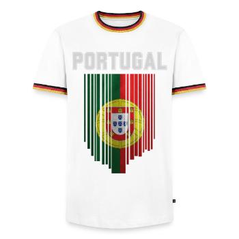 Flagge von Portugal, portugiesischer Stolz - Männer Kontrast-T-Shirt - Weiß/Dreifarbig - Vorne - AI Model Female 172 light (172cm) & AI Model Male 185 light (185cm)