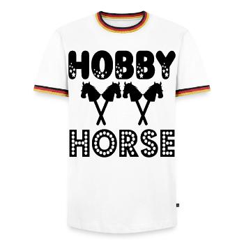 STECKENPFERDE - HOBBY HORSE - Männer Kontrast-T-Shirt - Weiß/Dreifarbig - Vorne - AI Model Female 172 light (172cm) & AI Model Male 185 light (185cm)