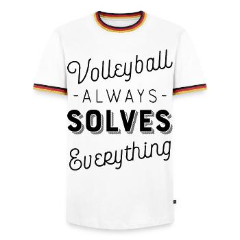Volleyball - Männer Kontrast-T-Shirt - Weiß/Dreifarbig - Vorne - AI Model Female 172 light (172cm) & AI Model Male 185 light (185cm)