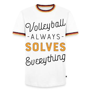 Volleyball - Männer Kontrast-T-Shirt - Weiß/Dreifarbig - Vorne - AI Model Female 172 light (172cm) & AI Model Male 185 light (185cm)