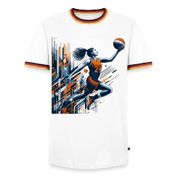 Conception de dunk de basket-ball femme - T-shirt contrasté Homme - blanc/tricolore - Devant - AI Model Female 172 light (172cm) & AI Model Male 185 light (185cm)