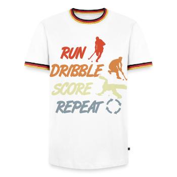 Motivational Field Hockey Quote - Men's Ringer Shirt - white/tricolour - Front - AI Model Female 172 light (172cm) & AI Model Male 185 light (185cm)
