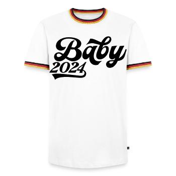 Baby 2024 - Männer Kontrast-T-Shirt - Weiß/Dreifarbig - Vorne - AI Model Female 172 light (172cm) & AI Model Male 185 light (185cm)