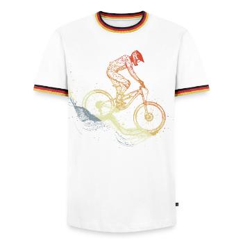 Mountain Biking Sketch Retro - Men's Ringer Shirt - white/tricolour - Front - AI Model Female 172 light (172cm) & AI Model Male 185 light (185cm)