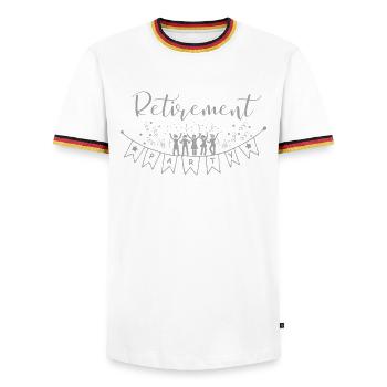 Bonne fête de départ à la retraite Bonjour la pension. - T-shirt contrasté Homme - blanc/tricolore - Devant - AI Model Female 172 light (172cm) & AI Model Male 185 light (185cm)