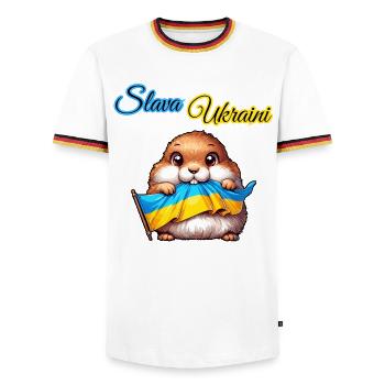 Chien de prairie mignon avec drapeau ukrainien - T-shirt contrasté Homme - blanc/tricolore - Devant - AI Model Female 172 light (172cm) & AI Model Male 185 light (185cm)