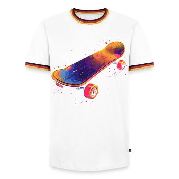 Illustration de planche à roulettes - T-shirt contrasté Homme - blanc/tricolore - Devant - AI Model Female 172 light (172cm) & AI Model Male 185 light (185cm)