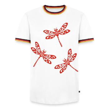 Trio of Red Dragonflies - Men's Ringer Shirt - white/tricolour - Front - AI Model Female 172 light (172cm) & AI Model Male 185 light (185cm)
