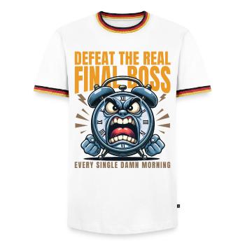 Defeat the real every morning - Men's Ringer Shirt - white/tricolour - Front - AI Model Female 172 light (172cm) & AI Model Male 185 light (185cm)
