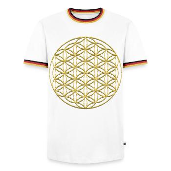 Flower of Life Gold | Flower of Life Gold - Men's Ringer Shirt - white/tricolour - Front - AI Model Female 172 light (172cm) & AI Model Male 185 light (185cm)