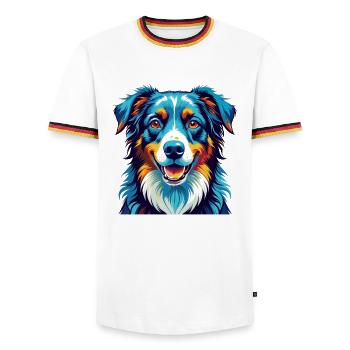 Australian Shepherd Dog Breed Cartoon Kawaii - Men's Ringer Shirt - white/tricolour - Front - AI Model Female 172 light (172cm) & AI Model Male 185 light (185cm)