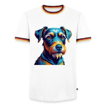 Patterdale Terrier Dog Breed Cartoon Kawaii - Men's Ringer Shirt - white/tricolour - Front - AI Model Female 172 light (172cm) & AI Model Male 185 light (185cm)