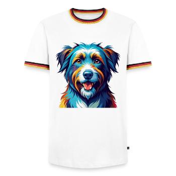 Berger des Pyrénées Race Dessin animé Kawaii - T-shirt contrasté Homme - blanc/tricolore - Devant - AI Model Female 172 light (172cm) & AI Model Male 185 light (185cm)