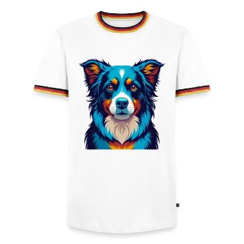 Australian Shepherd Dog Colorful Kawaii Cartoon - Men's Ringer Shirt - white/tricolour - Front - AI Model Female 172 light (172cm) & AI Model Male 185 light (185cm)