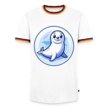 Siegel Blau Kawaii Cartoon Figur Clipart Haustier - Männer Kontrast-T-Shirt - Weiß/Dreifarbig - Vorne - AI Model Female 172 light (172cm) & AI Model Male 185 light (185cm)
