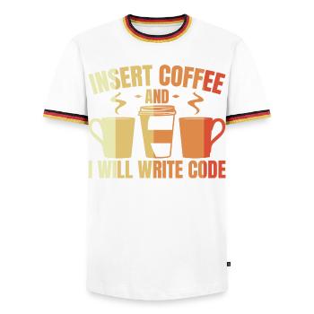 Insert Coffee And I Will Write Code - Men's Ringer Shirt - white/tricolour - Front - AI Model Female 172 light (172cm) & AI Model Male 185 light (185cm)