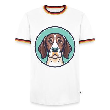 Chien d’arrêt portugais race dessin animé Kawaii - T-shirt contrasté Homme - blanc/tricolore - Devant - AI Model Female 172 light (172cm) & AI Model Male 185 light (185cm)