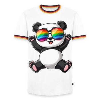 Panda Cartoon mit einer Pride Rainbow Brille. - Männer Kontrast-T-Shirt - Weiß/Dreifarbig - Vorne - AI Model Female 172 light (172cm) & AI Model Male 185 light (185cm)
