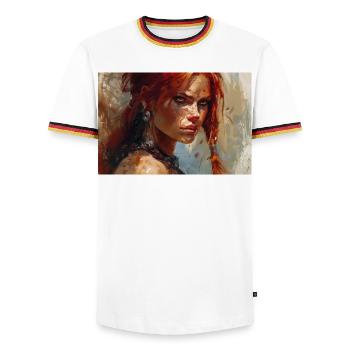 Poster Illustration Kriegerin Frau Rot Sonja - Männer Kontrast-T-Shirt - Weiß/Dreifarbig - Vorne - AI Model Female 172 light (172cm) & AI Model Male 185 light (185cm)