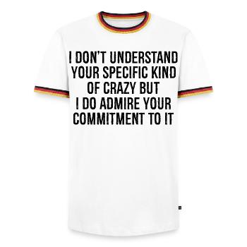 I don't understand your specific kind of crazy but - Men's Ringer Shirt - white/tricolour - Front - AI Model Female 172 light (172cm) & AI Model Male 185 light (185cm)