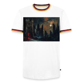 Poster Illustration Medieval Landscape in Ruins - Men's Ringer Shirt - white/tricolour - Front - AI Model Female 172 light (172cm) & AI Model Male 185 light (185cm)
