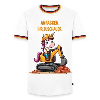 Einhorn Baggermeister - Männer Kontrast-T-Shirt - Weiß/Dreifarbig - Vorne - AI Model Female 172 light (172cm) & AI Model Male 185 light (185cm)